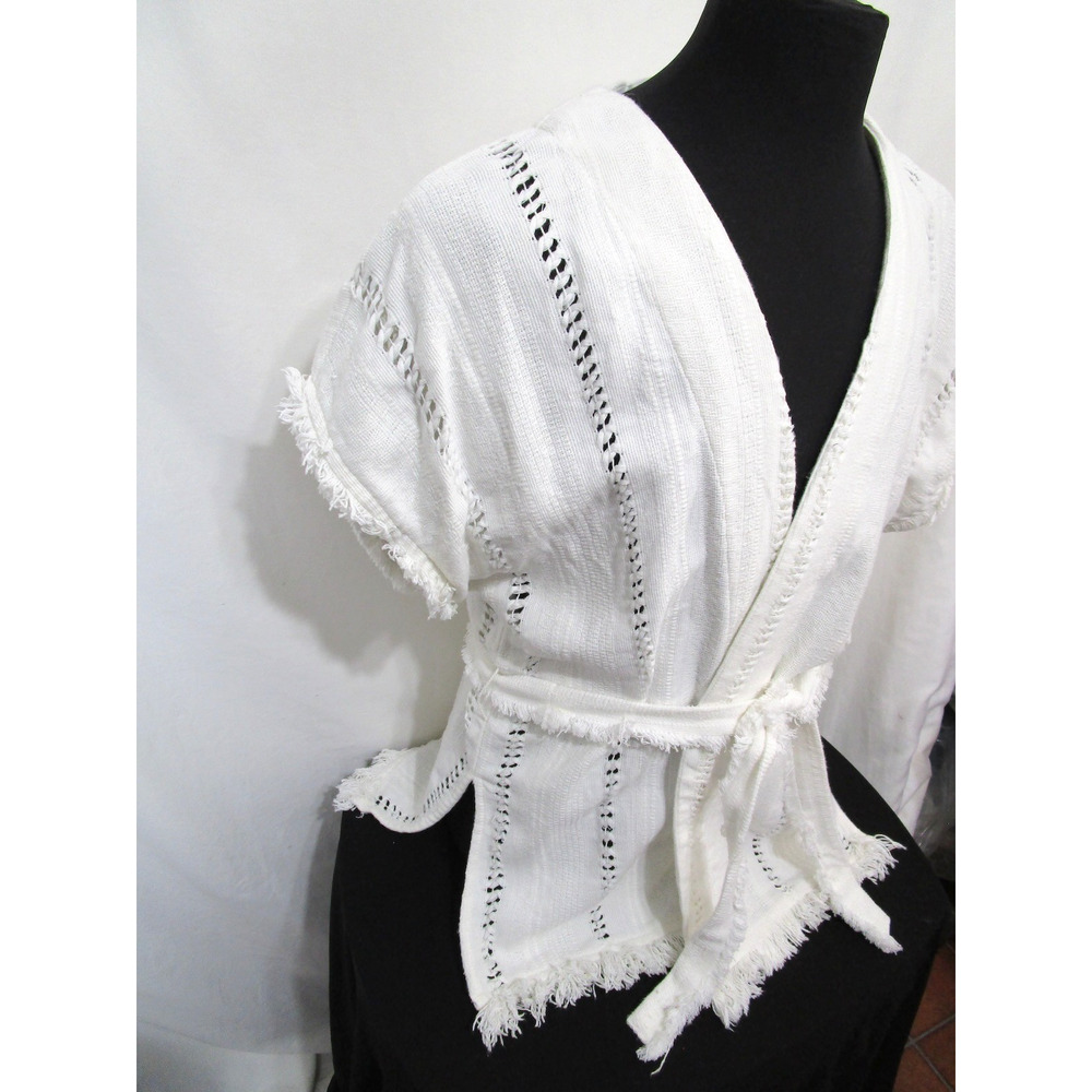 Vintage Handwoven Mexican White Belted Boho Wrap Shirt Women Sz M/L - Picture 4 of 13